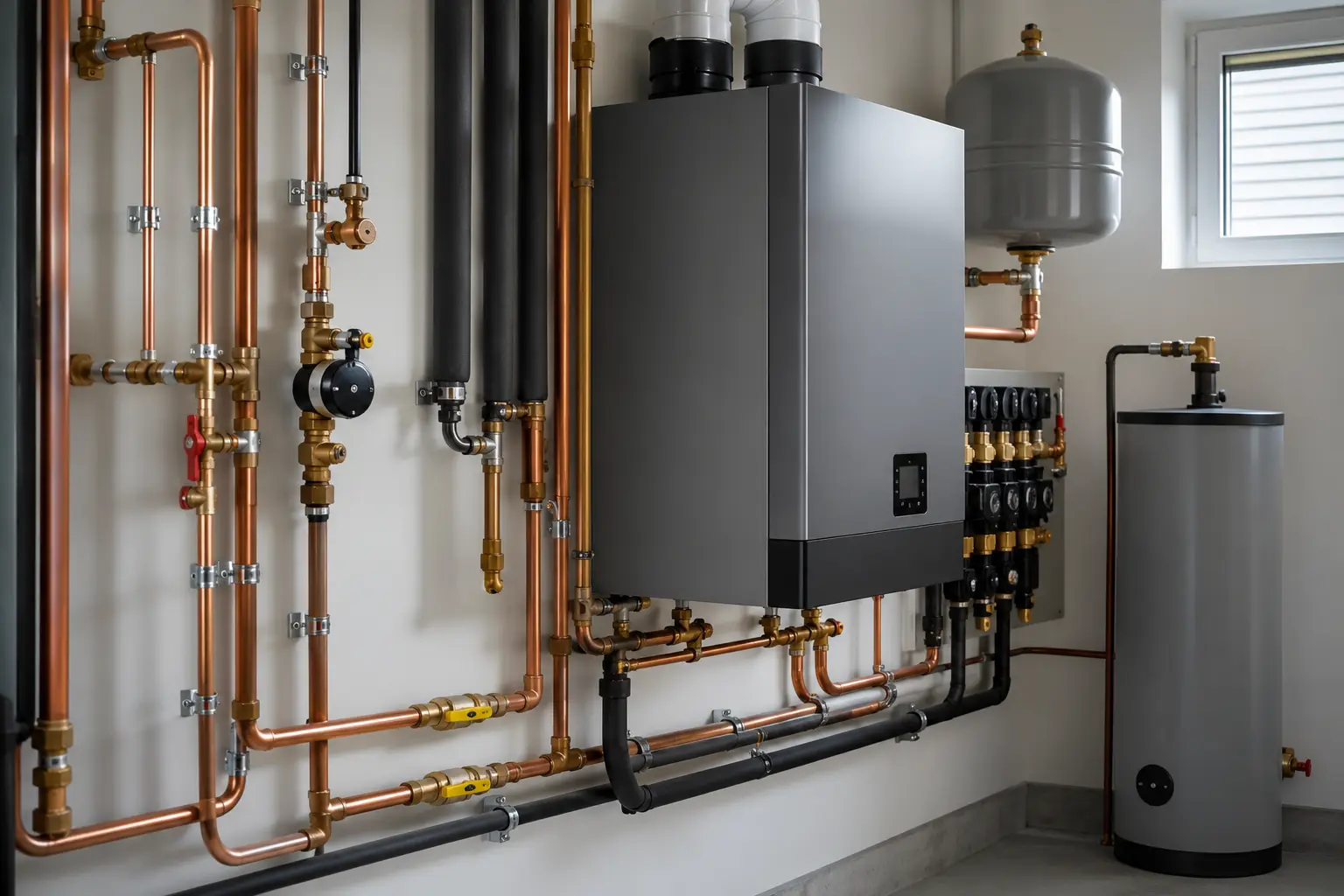 A tidy mechanical room with neatly run copper plumbing and gas lines